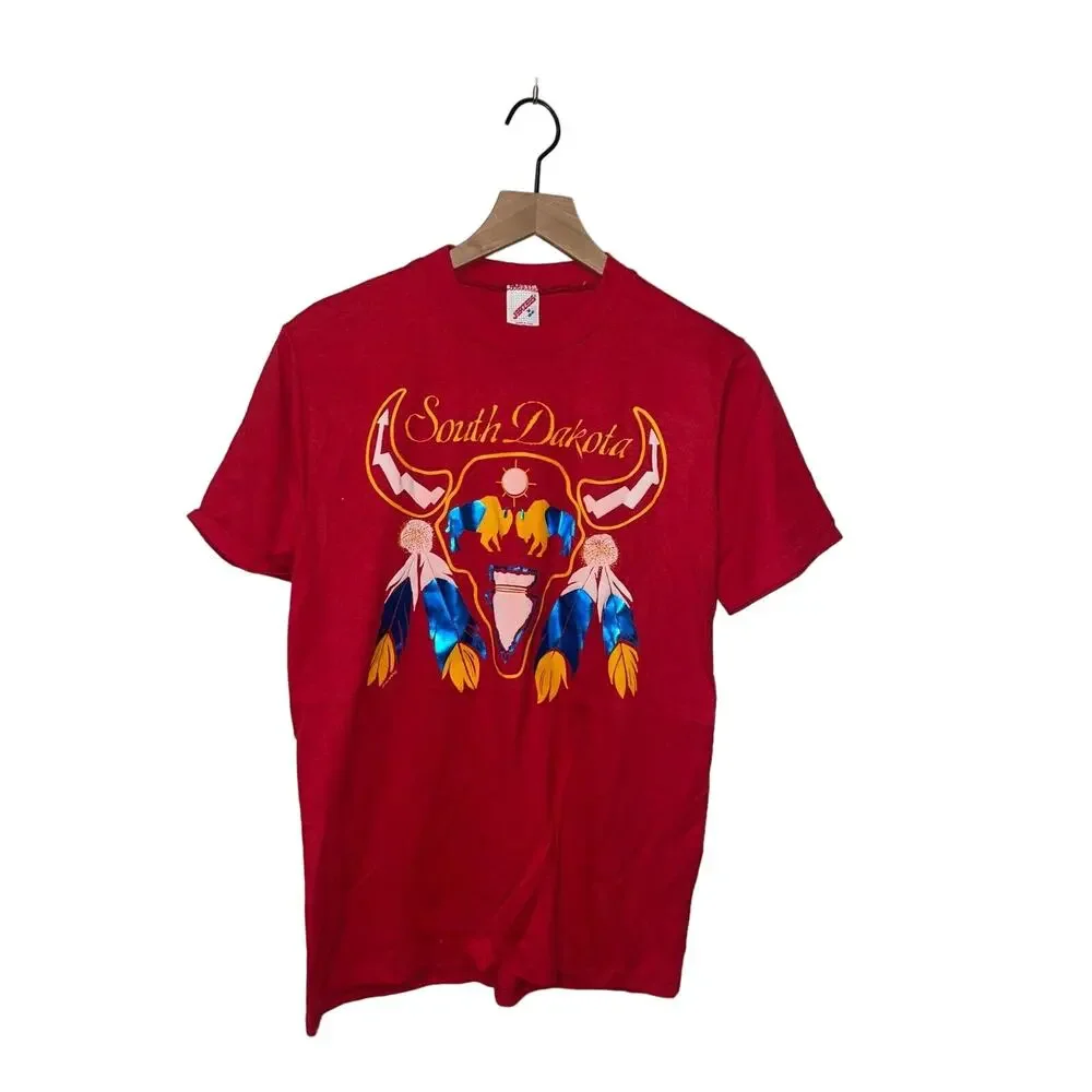 Vintage South Dakota Shirt Native American Buffalo Jerzees Red Tee 90s VTG M